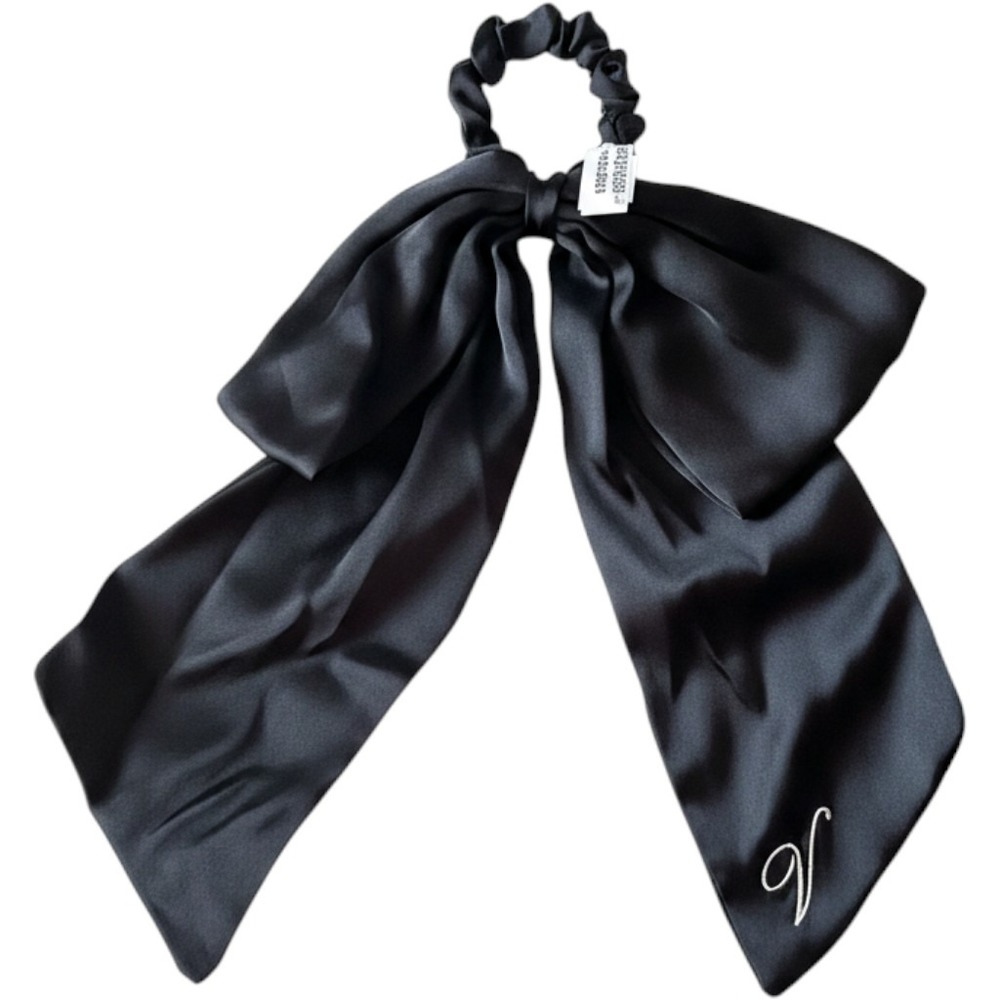 Victorias Secret Black Satin Bow Scrunchie Hair Tie Sample V Logo Embroidered